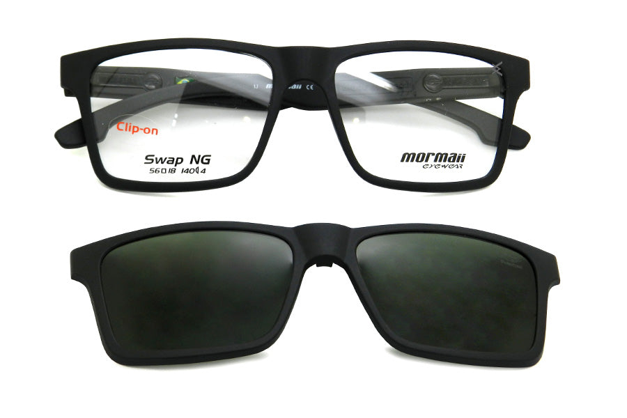 Óculos de grau Mormaii Swap N6 com armação preta e clip-on, lente transparente, estilo moderno e confortável.