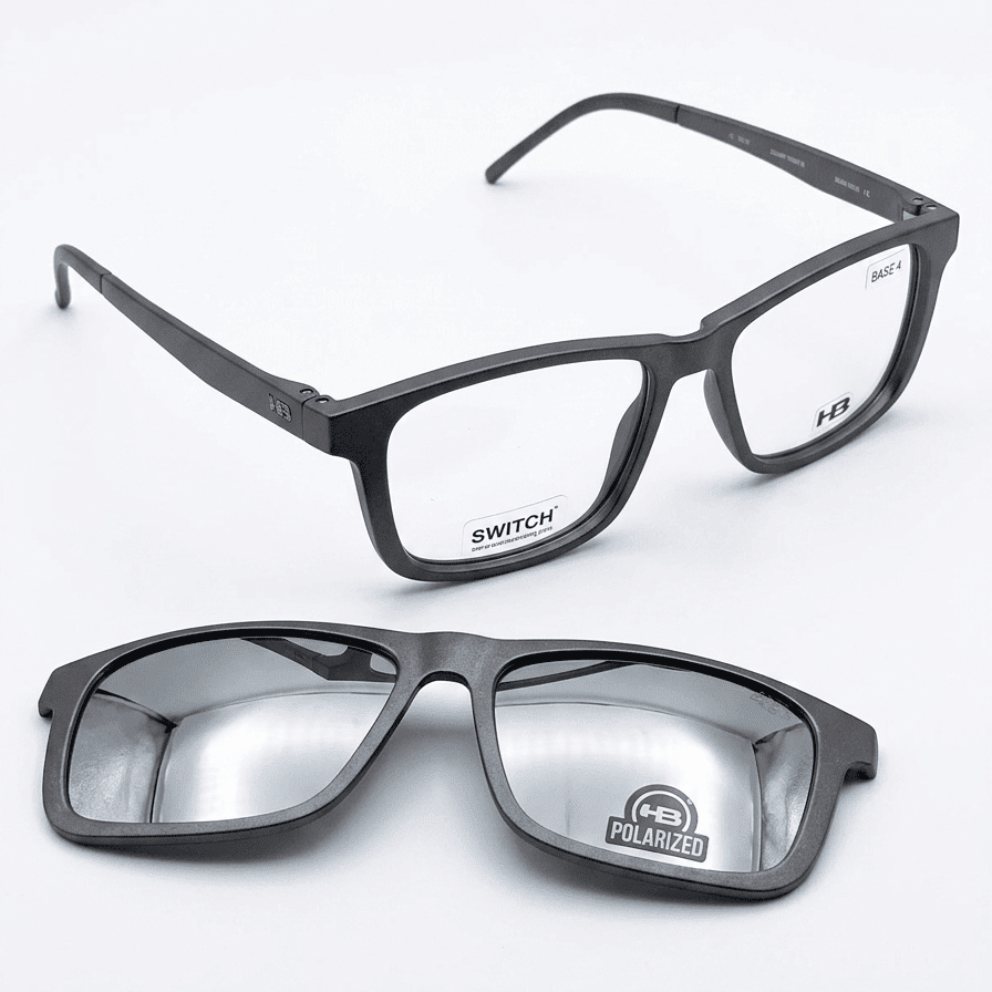 Óculos de Grau HB Switch Clip-on 0351 Matte Graphite Polarized Silver - Ótica FagLux